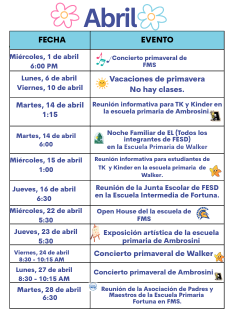 A calendar for April lists school events including concerts, parent meetings, and spring break.