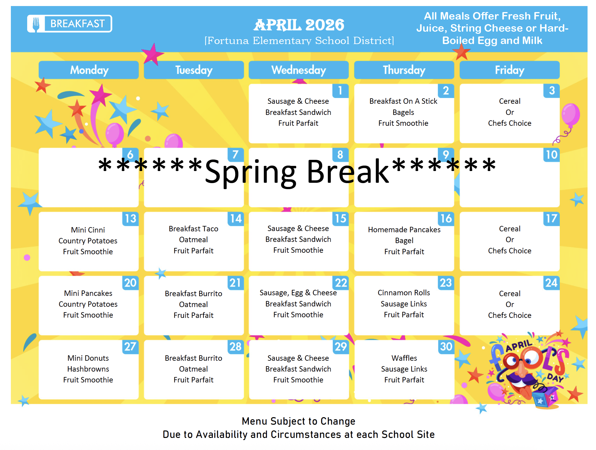 April 2026 breakfast menu for Fortuna Elementary School District, featuring daily meal options.