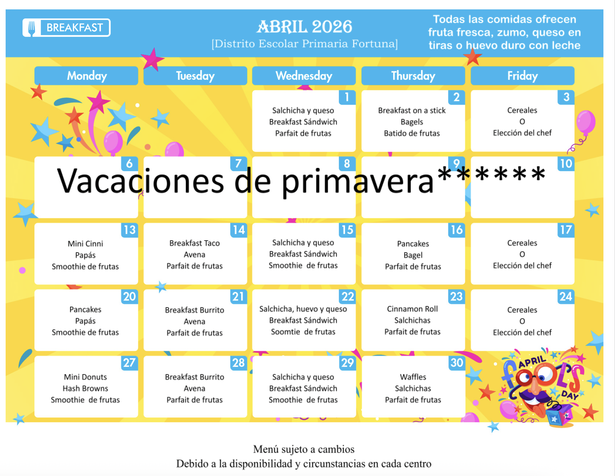 A colorful calendar for April 2026 shows a weekly breakfast menu with daily meal options.