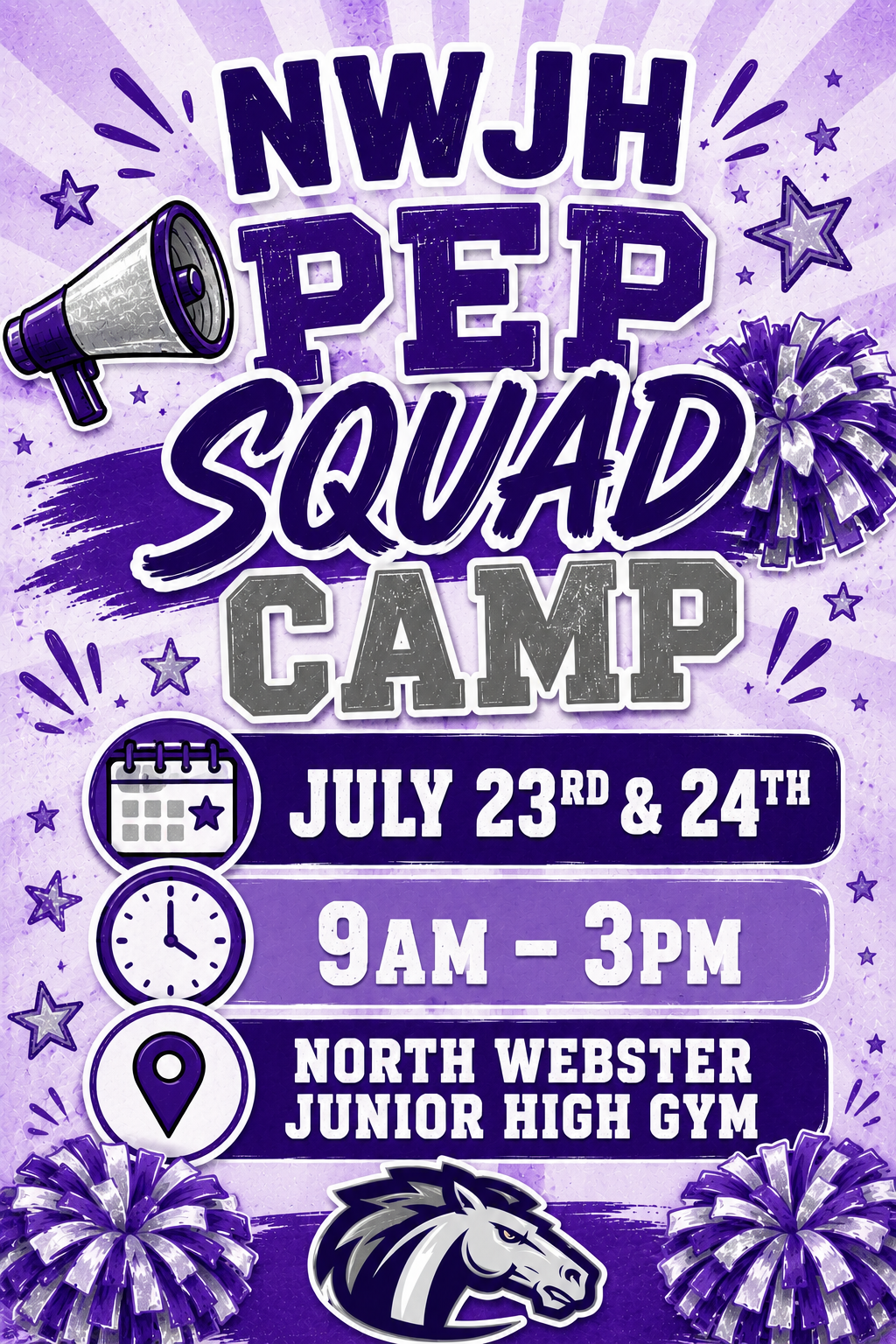 Poster for NWJH Pep Squad Camp on July 23rd & 24th, 9 AM - 3 PM at North Webster Junior High Gym.