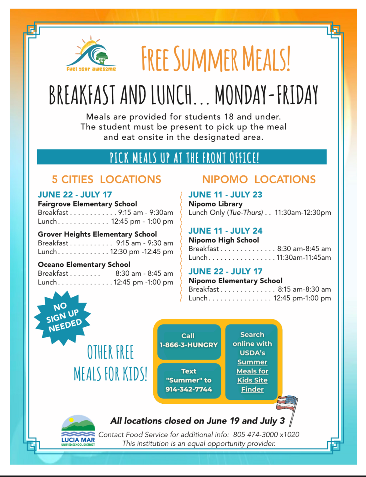 FREE Summer Meals! Breakfast & Lunch...Mon-Fri JUNE 22 - JULY 17