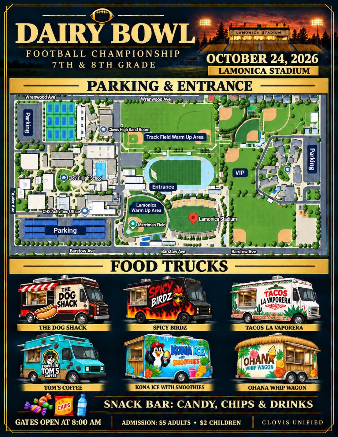 Poster for the Dairy Bowl Football Championship featuring a stadium map, food truck list, and event details.