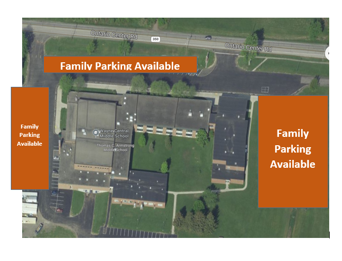 Aerial view of Wayne Central Middle School with orange banners indicating 'Family Parking Available'.