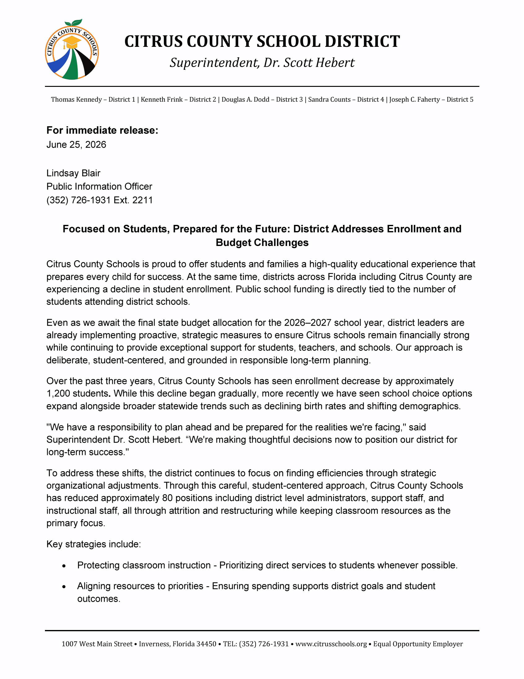 Focused on Students, Prepared for the Future: District Addresses Enrollment and Budget Challenges
