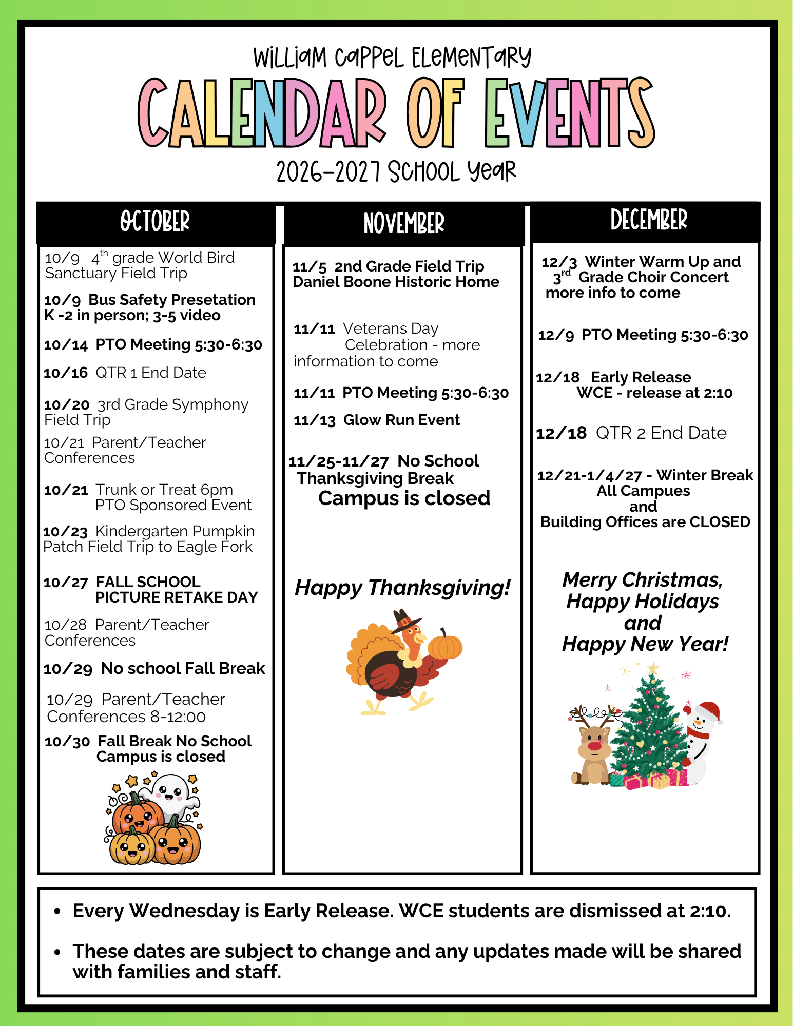 UPDATED: William Cappel Elementary Calendar of Events 