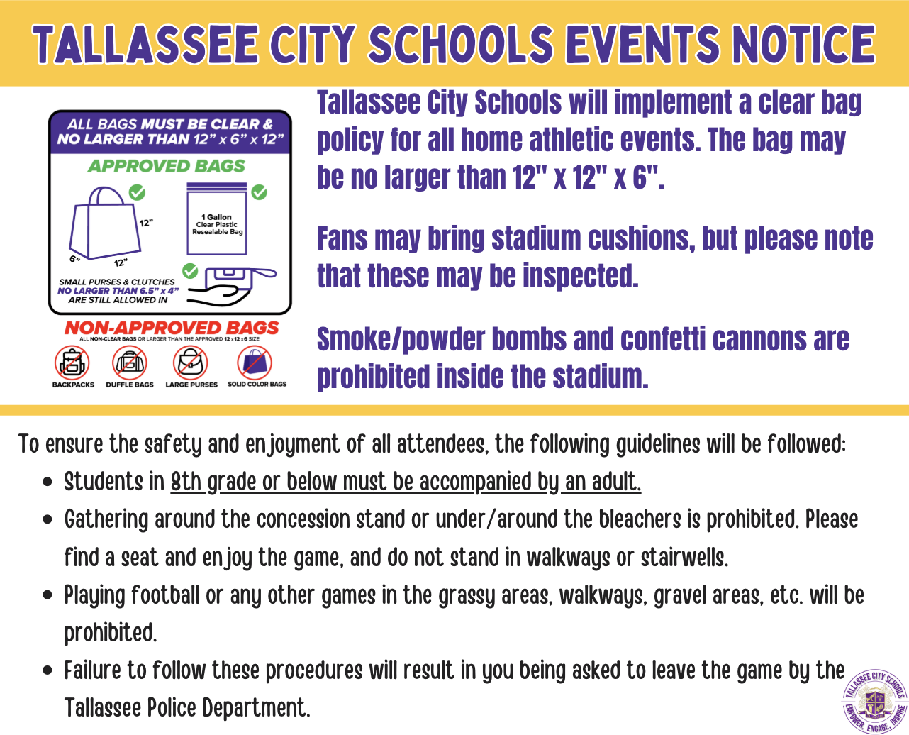 Tallassee City Schools events notice detailing clear bag policies and stadium guidelines.