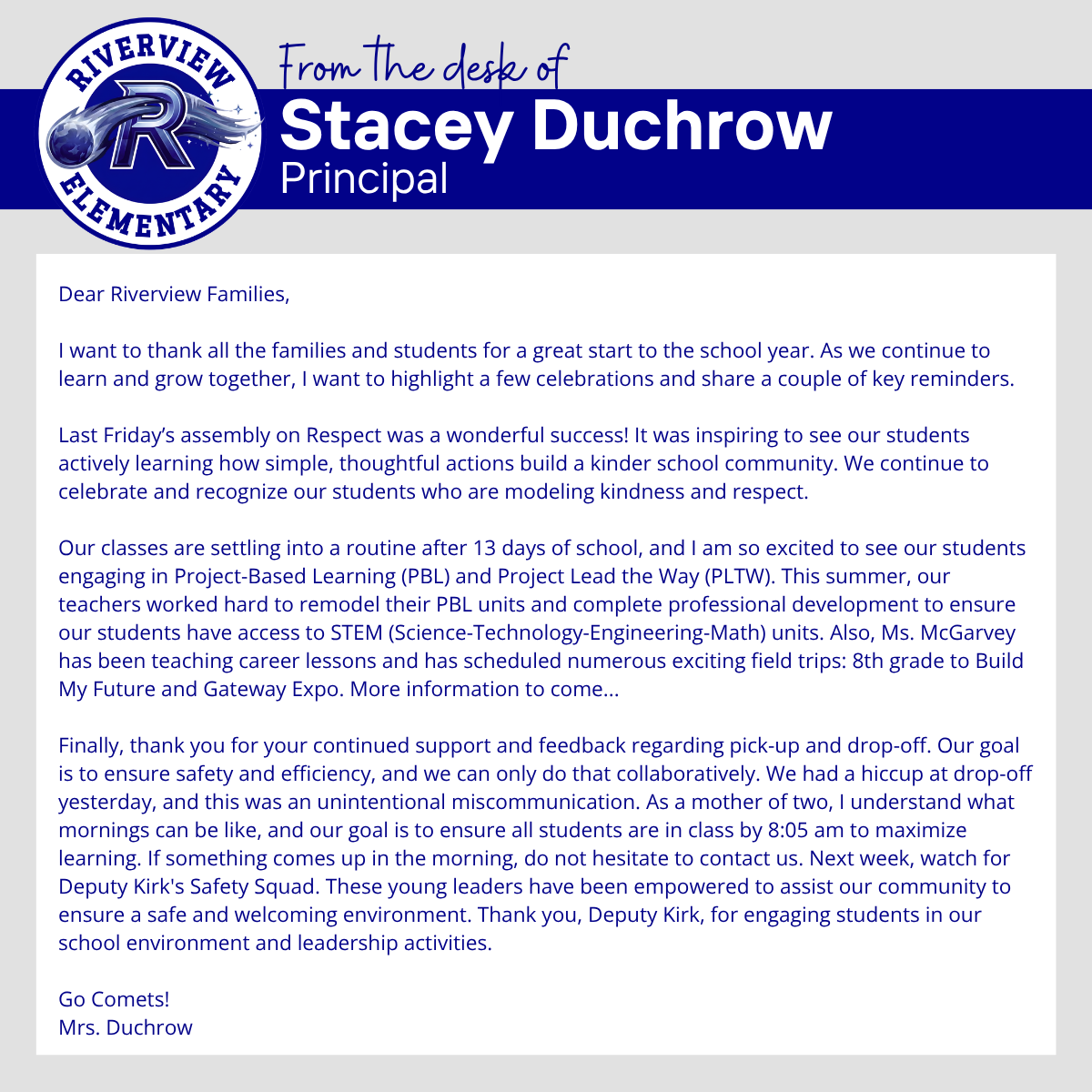 A letter from Principal Stacey Duchrow of Riverview Elementary, addressing families with school updates and reminders.