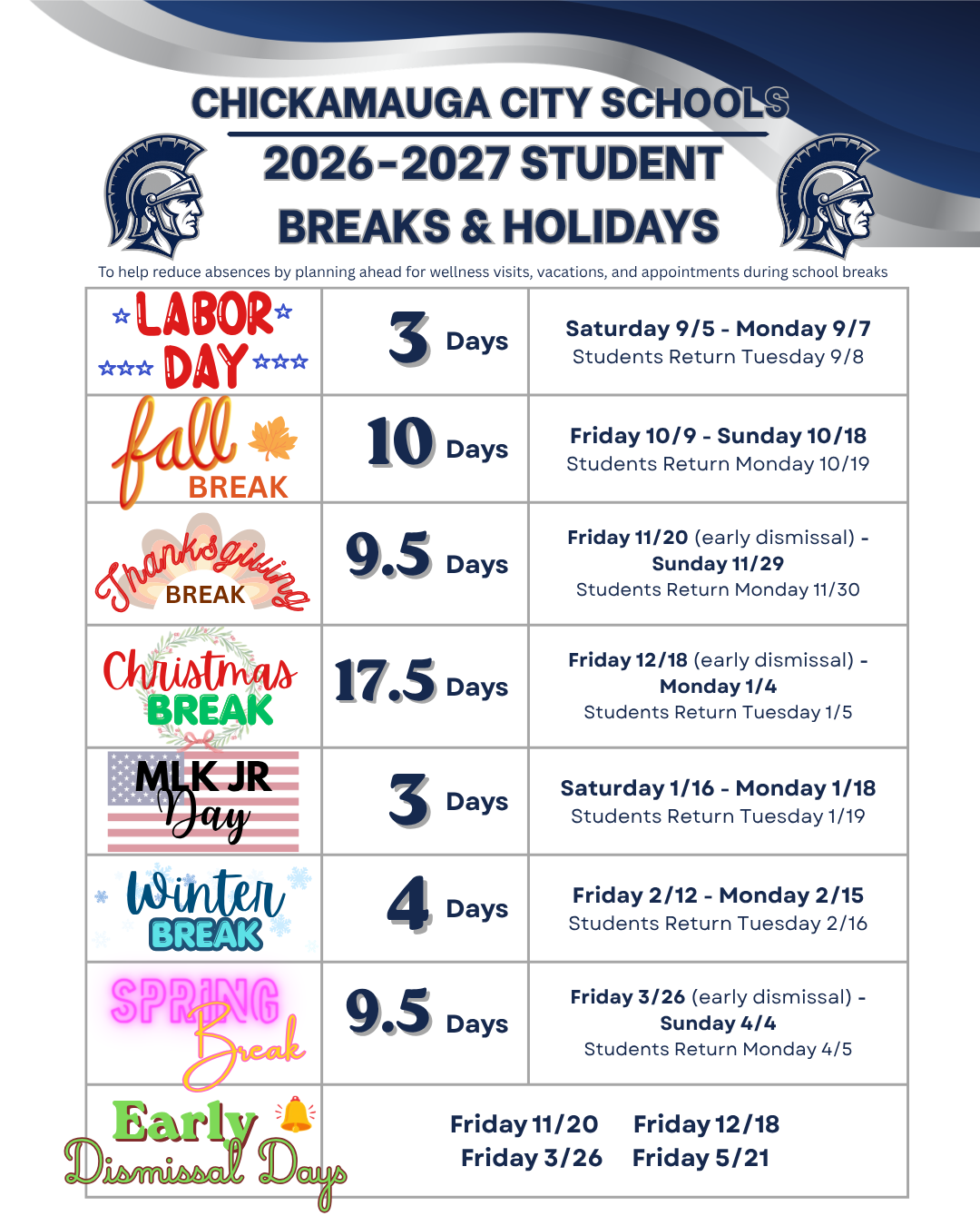2026-2027 Student Breaks & Holidays