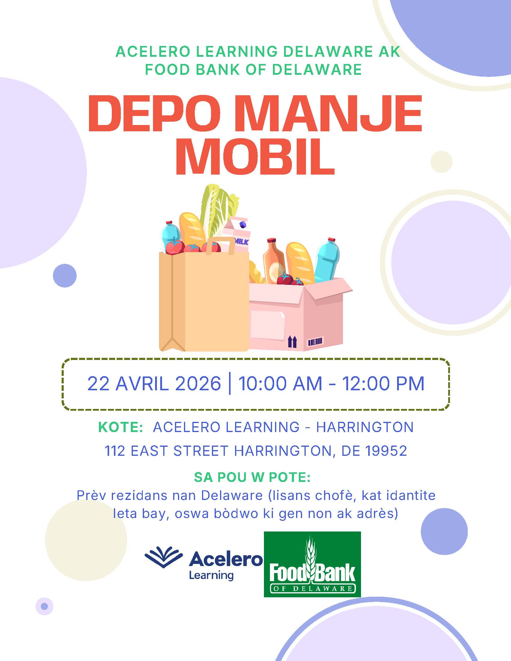 An event poster for 'Depo Manje Mobil' by Acelero Learning and Food Bank of Delaware, featuring groceries.