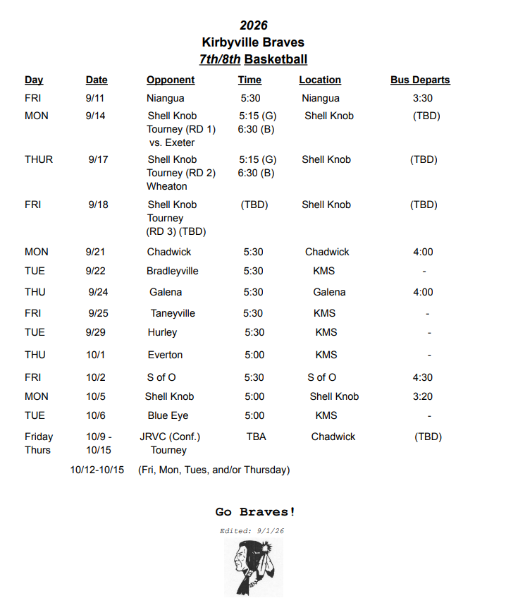 Updated 7th & 8th Grade Basketball Schedule 