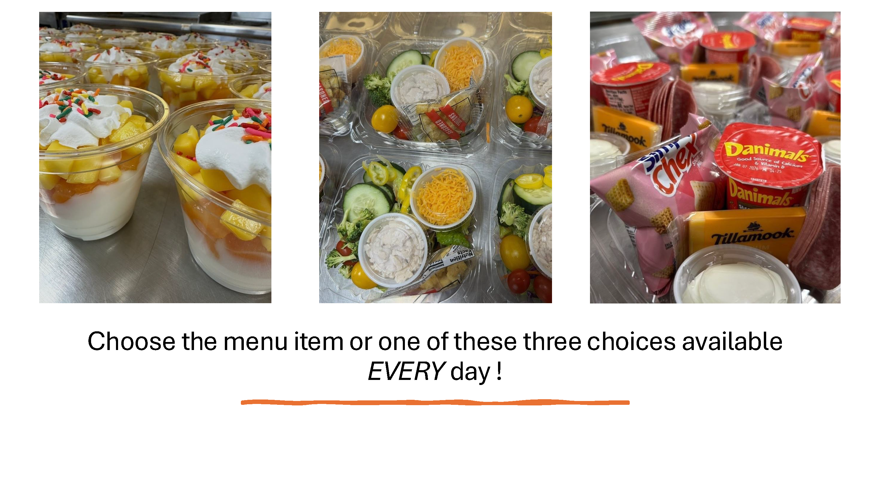 Three different pre-packaged meal options are displayed: a fruit parfait, a salad with dressing, and a snack pack with yogurt and cheese.