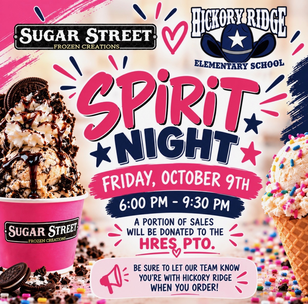 🍦 Tonight is Spirit Night at Sugar Street Frozen Creations!