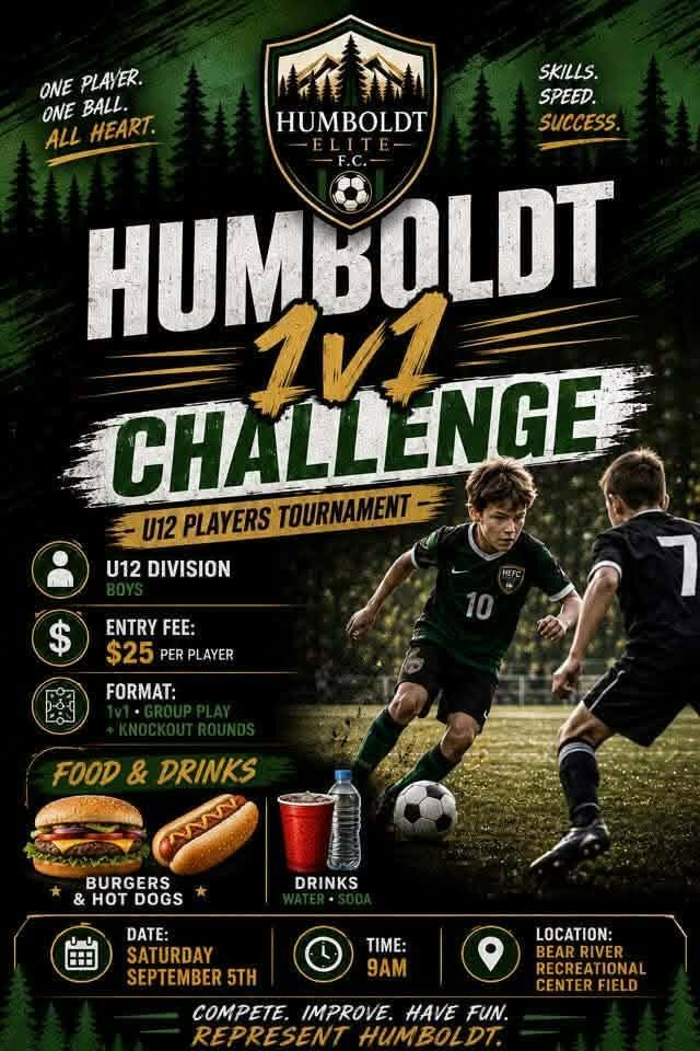 A promotional flyer for the Humboldt Elite F.C. 1v1 Challenge U12 players soccer tournament.