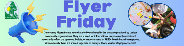 A colorful banner reading 'Flyer Friday' features a blue megaphone, lightning bolts, and circular images of hands joined and crafts.