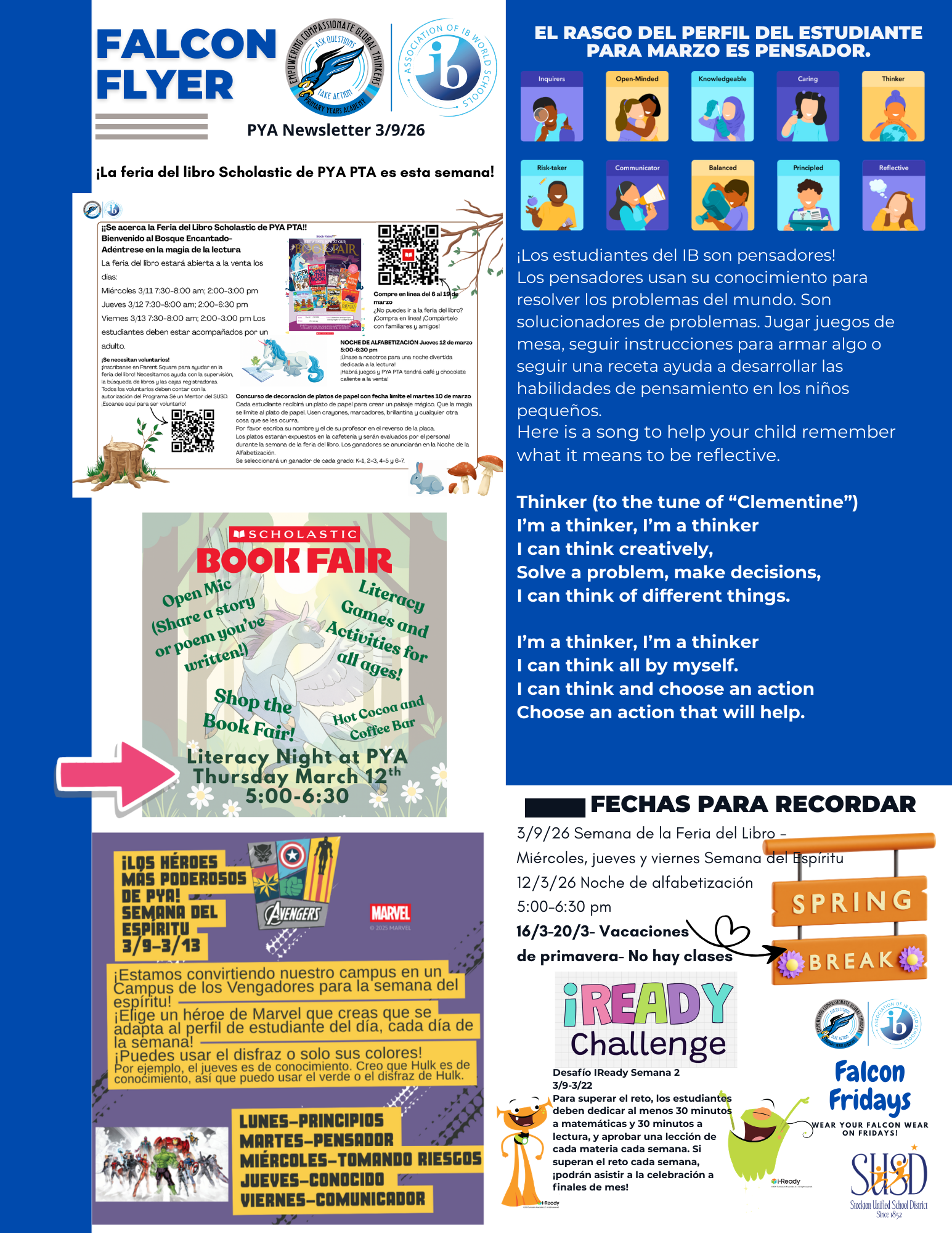 A flyer for PYA PTA announces a Scholastic Book Fair and Literacy Night on Thursday, March 12th, from 5:00-6:30 PM.