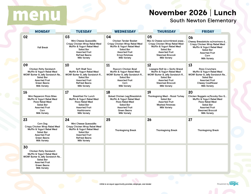 A school lunch menu calendar for South Newton Elementary for November 2026, displaying meals from Monday to Friday.