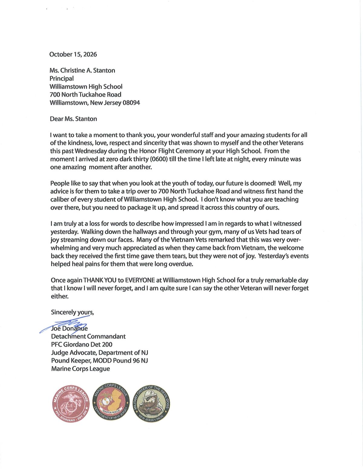 A formal letter dated October 15, 2026, thanking Williamstown High School for an Honor Flight Ceremony.