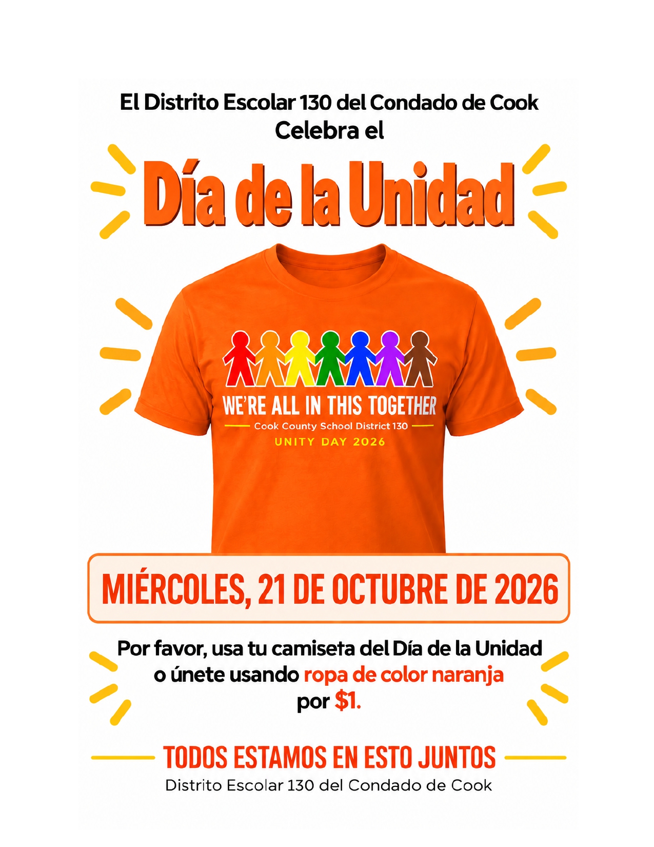 A flyer for Unity Day 2026 by Cook County School District 130, featuring an orange t-shirt with a colorful paper doll chain graphic and the text "WE'RE ALL IN THIS TOGETHER".