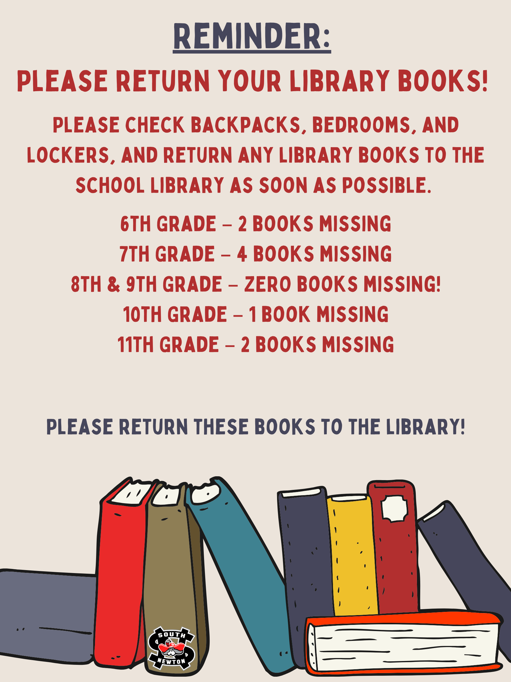 A school reminder about returning library books, with a list of missing books by grade level.