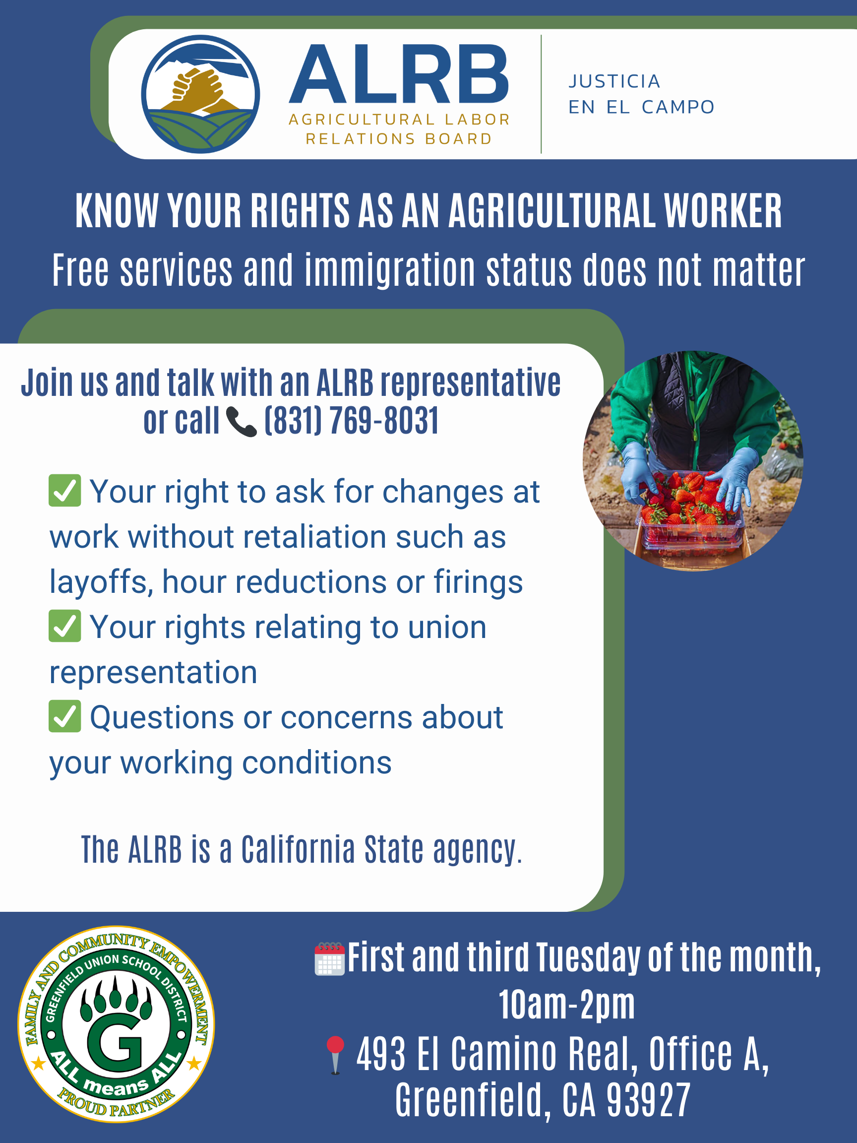 Agricultural Labor Relations Board will be at our FRC tomorrow from 10:00 AM–2:00 PM! 🌱  Come learn about your rights as an agricultural worker and get helpful information directly from their team. Don’t miss out—see the flyer for more details!