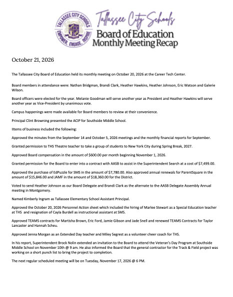 October Board Meeting Recap