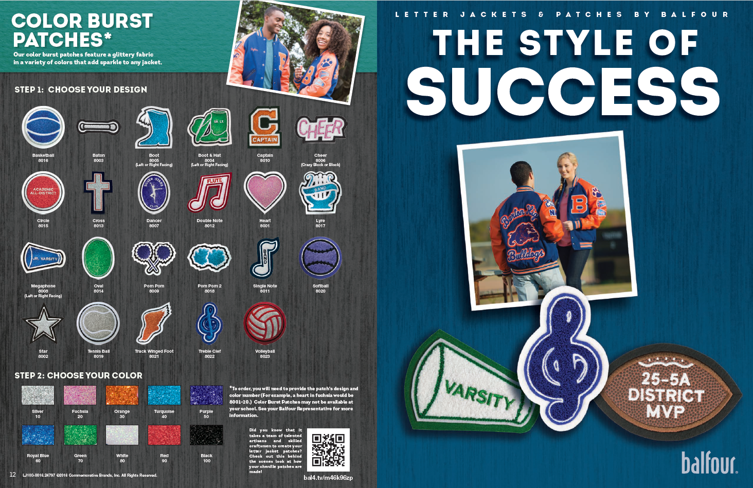 A brochure showcases Balfour's 'Color Burst Patches' with various designs and colors for letter jackets.
