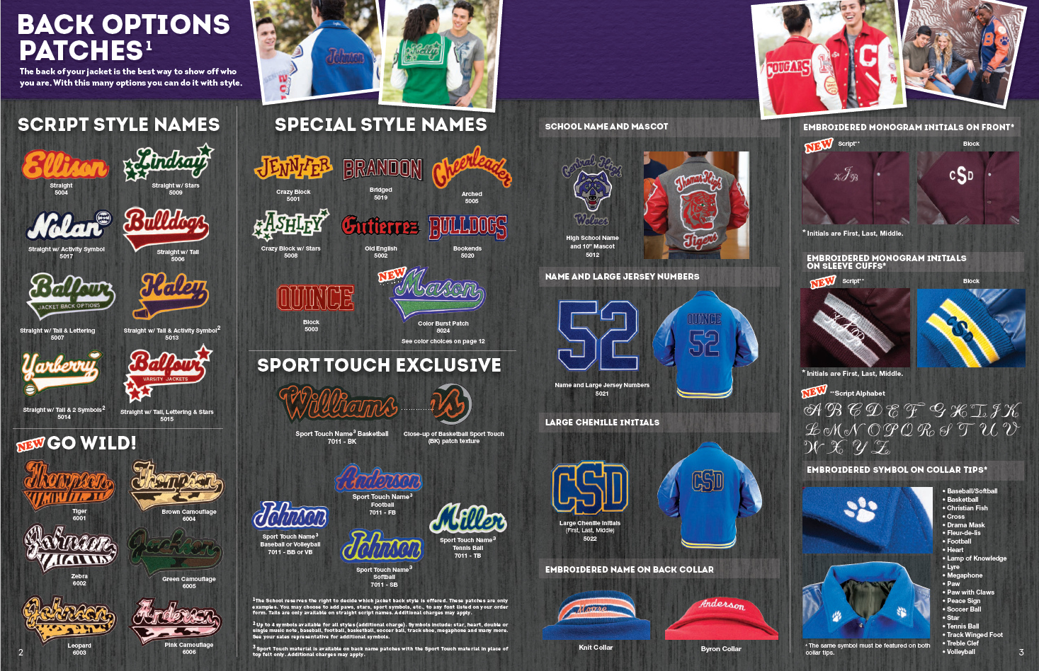 A collage of jacket back options, showcasing various embroidered patches, lettering styles, and symbols for customization.