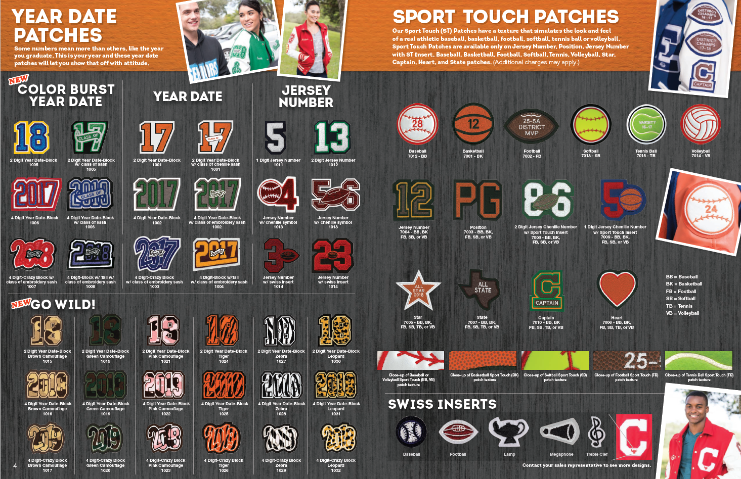 A collage of various patches for athletic jackets, including year dates, jersey numbers, and sports-themed designs.