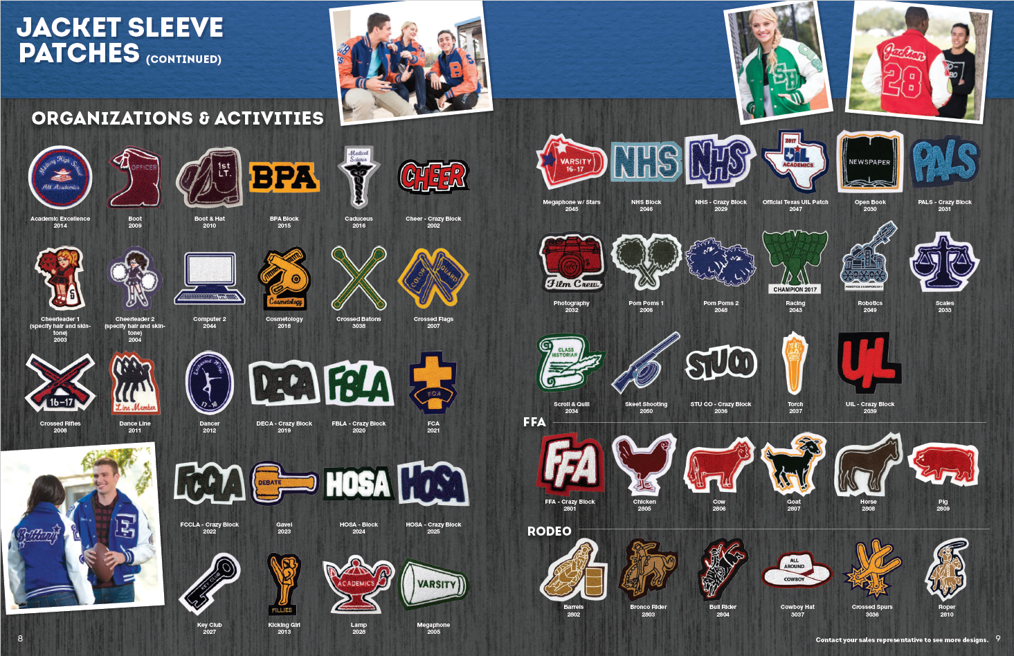 A collage of jacket sleeve patches representing various school organizations and activities, including sports, academic clubs, and leadership programs.