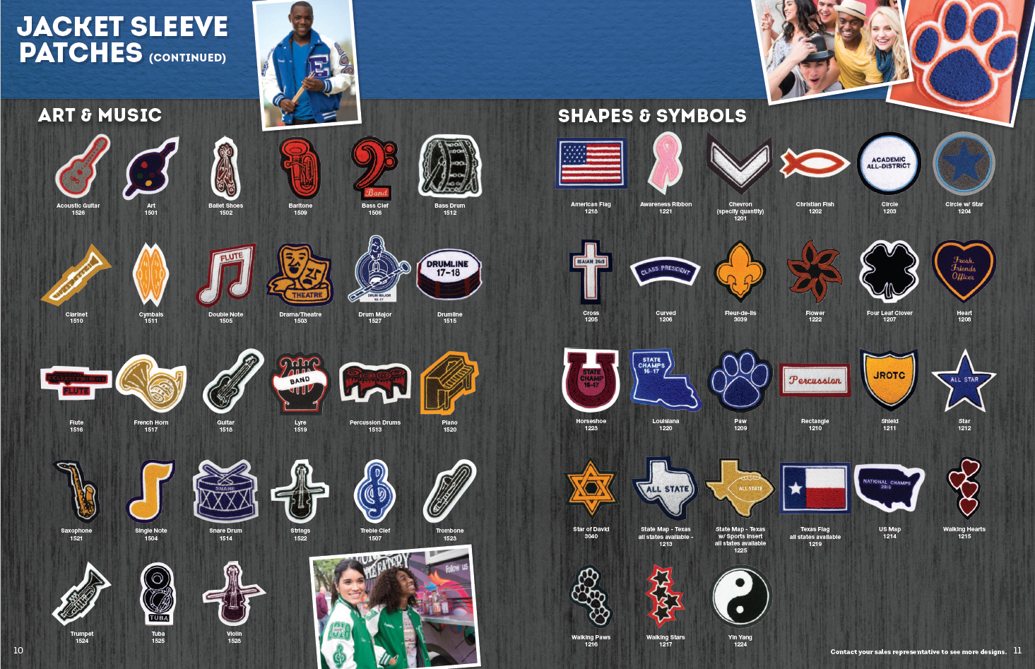 A collage of jacket sleeve patches categorized into 'Art & Music' and 'Shapes & Symbols'.