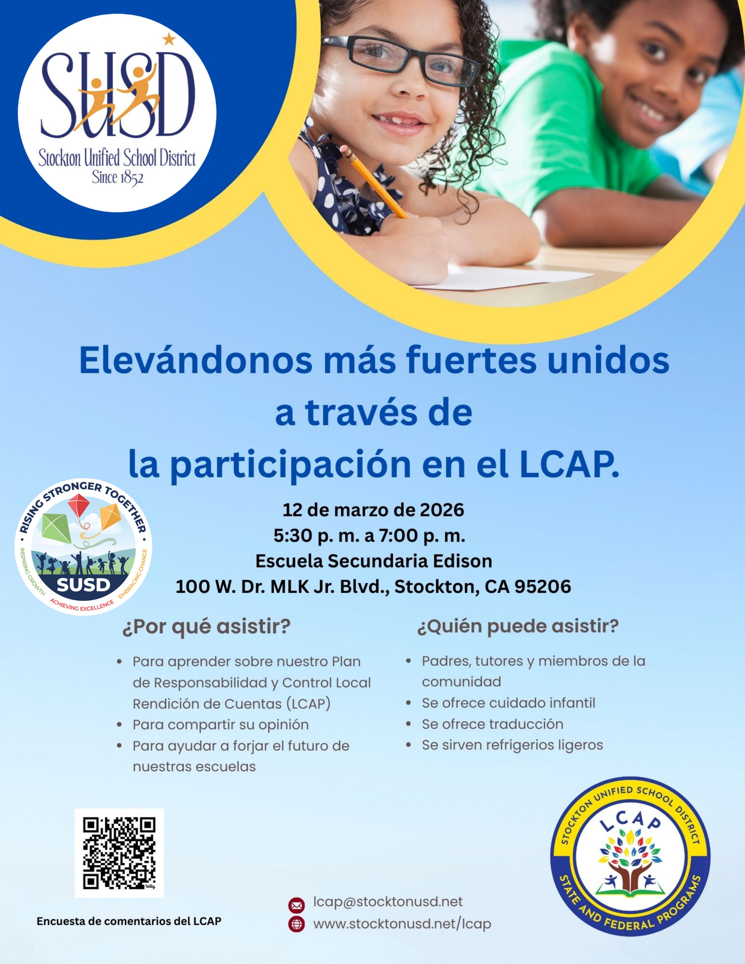 Poster for a Stockton Unified School District event about LCAP participation, featuring children and event details.
