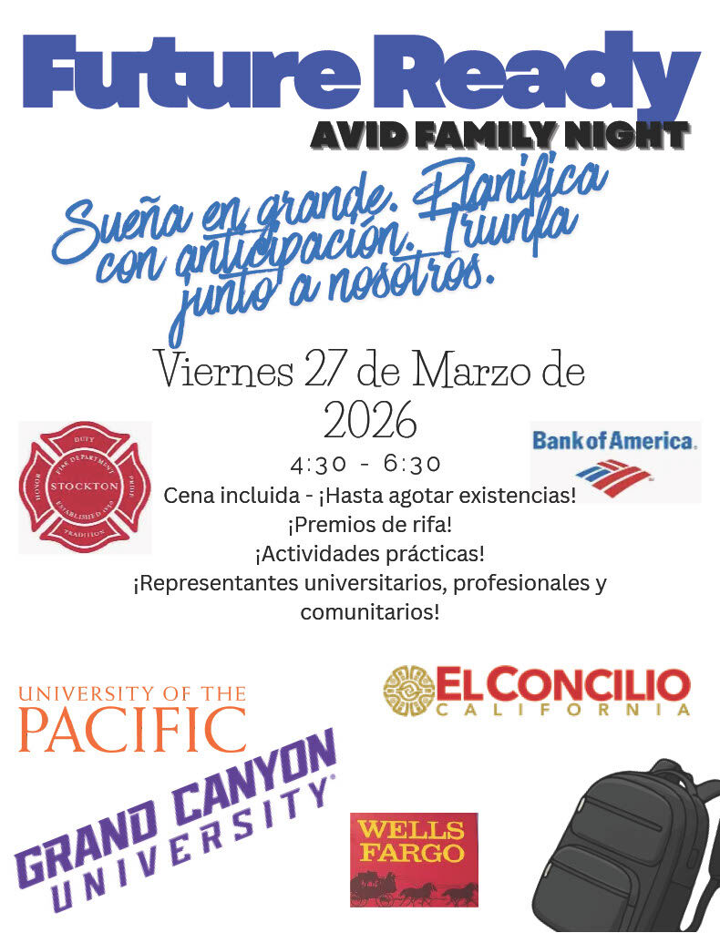 Poster for 'Future Ready AVID Family Night' on Friday, March 27, 2026, from 4:30-6:30 PM.