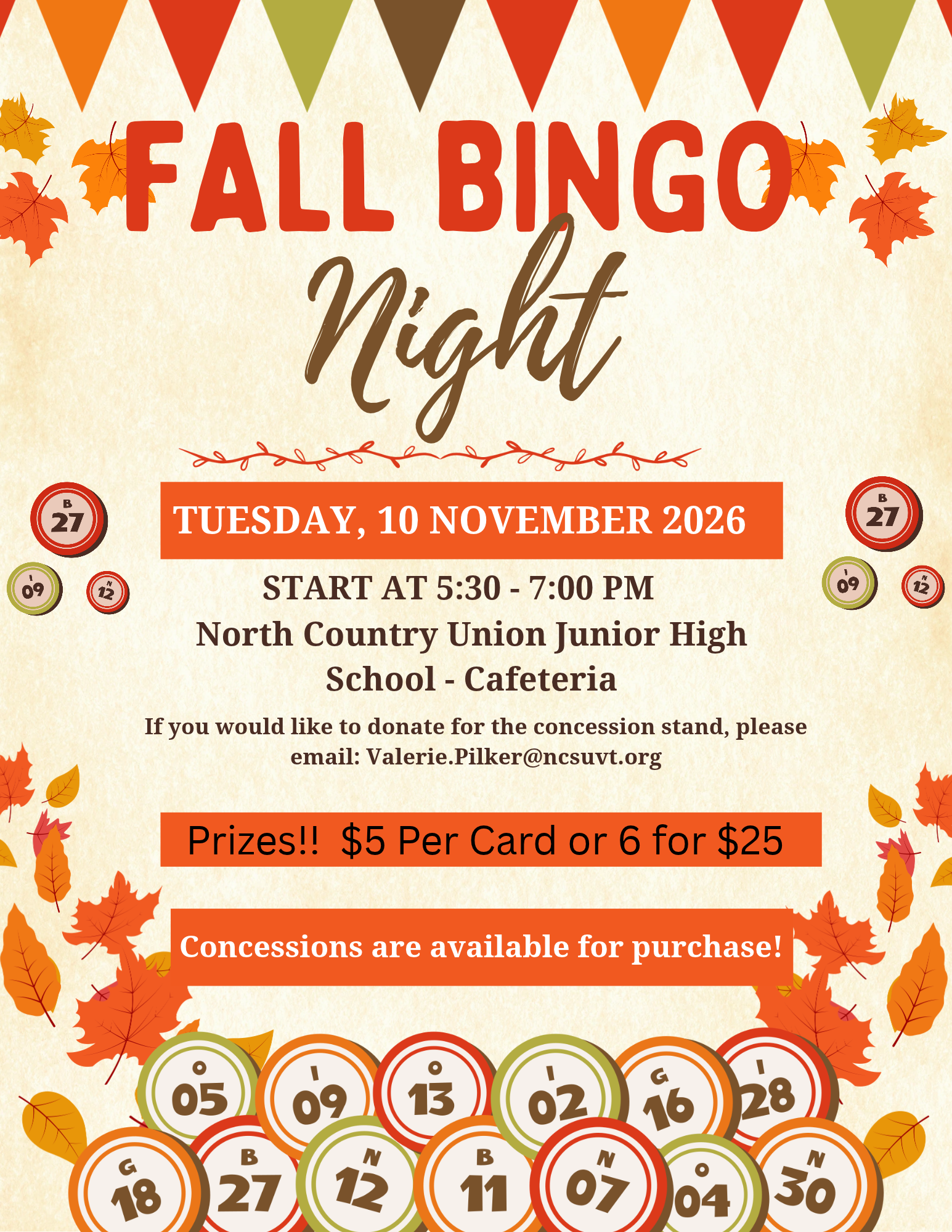 Fall Bingo at NCUJHS - November 10th