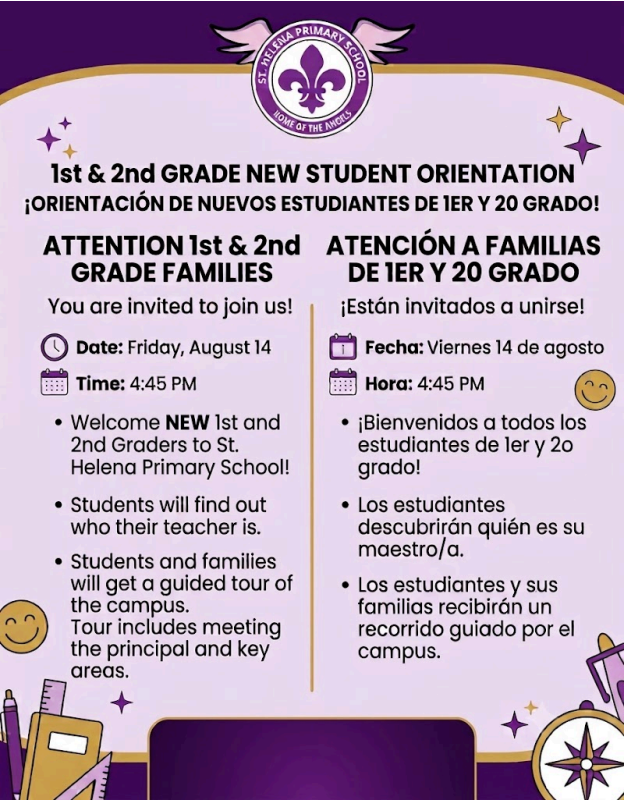 SHPS 1st & 2nd Gr Orientation for New Students, Friday, August 14th at 4:45