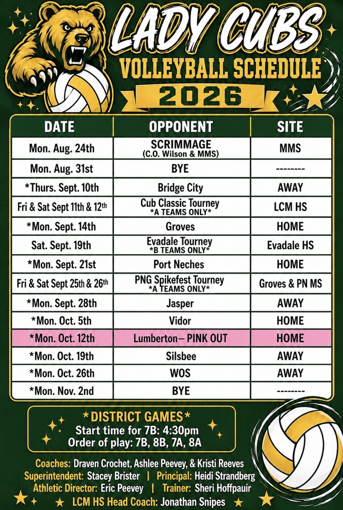LCJH Lady Cubs 2026 Volleyball Schedule