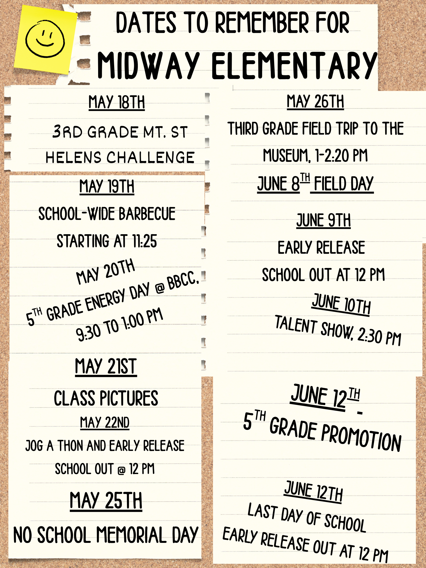 DATES TO REMEMBER FOR MIDWAY ELEMENTARY