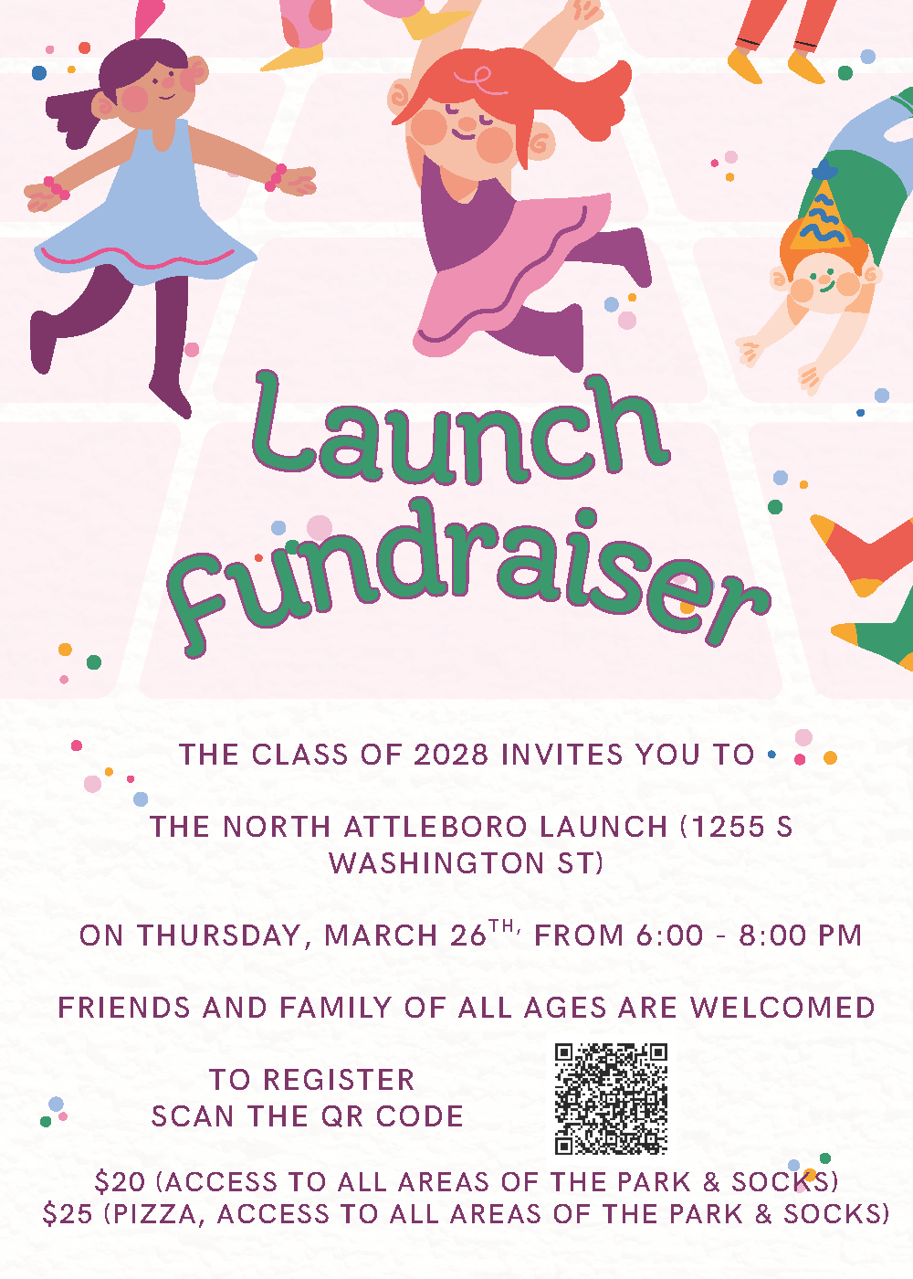 Invitation to a "Launch Fundraiser" hosted by the Class of 2028 at The North Attleboro Launch on March 26th.