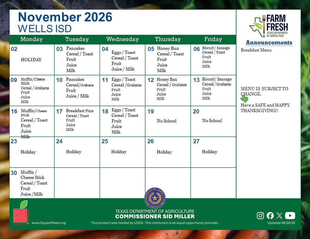 November Cafeteria Menu