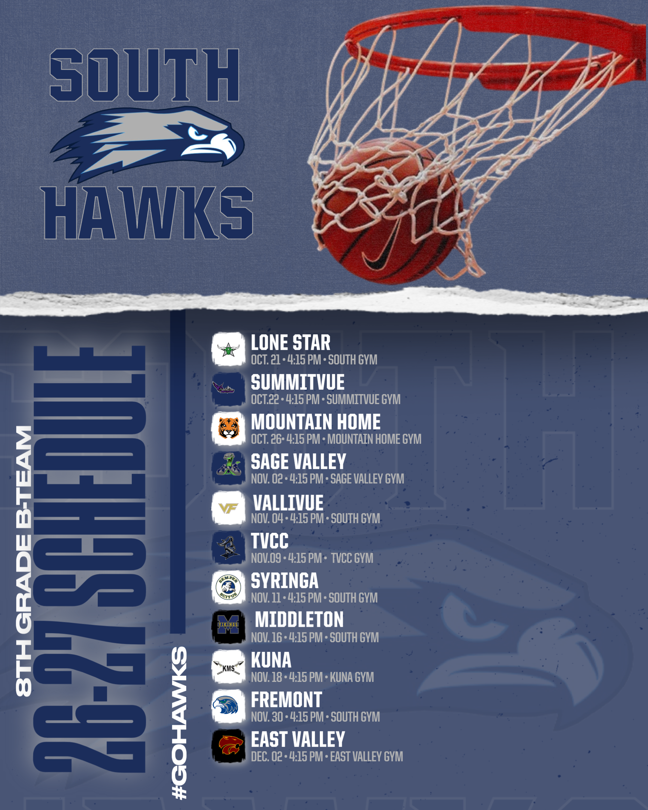 A sports flyer for the South Hawks 8th grade B-team schedule, featuring a basketball passing through a net and team logos.