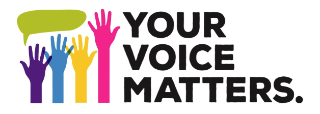Colorful raised hands and a speech bubble next to the text 'YOUR VOICE MATTERS.'