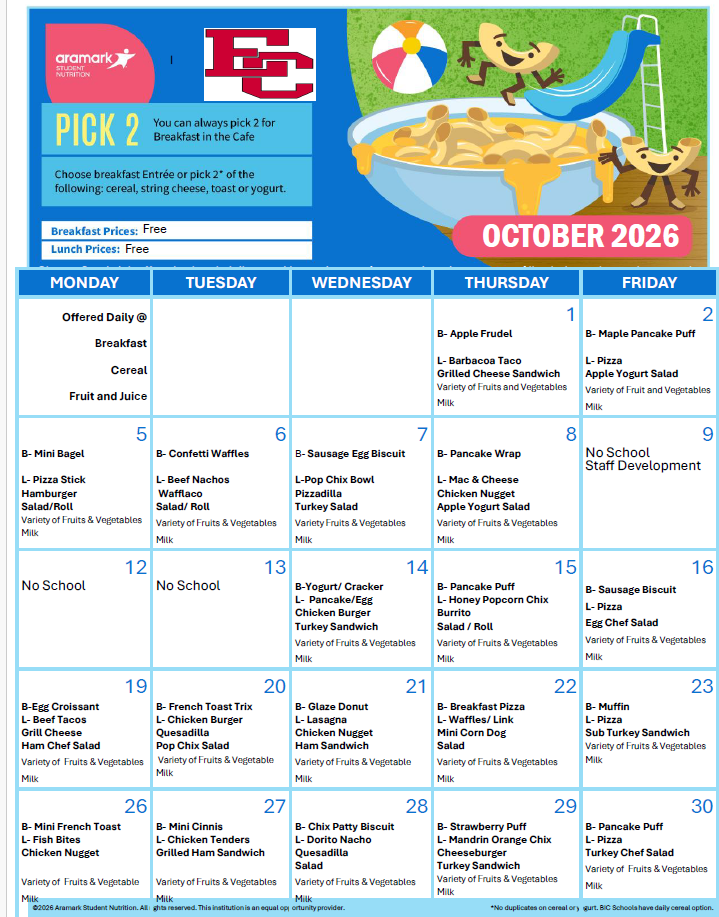 October Cafeteria Menu
