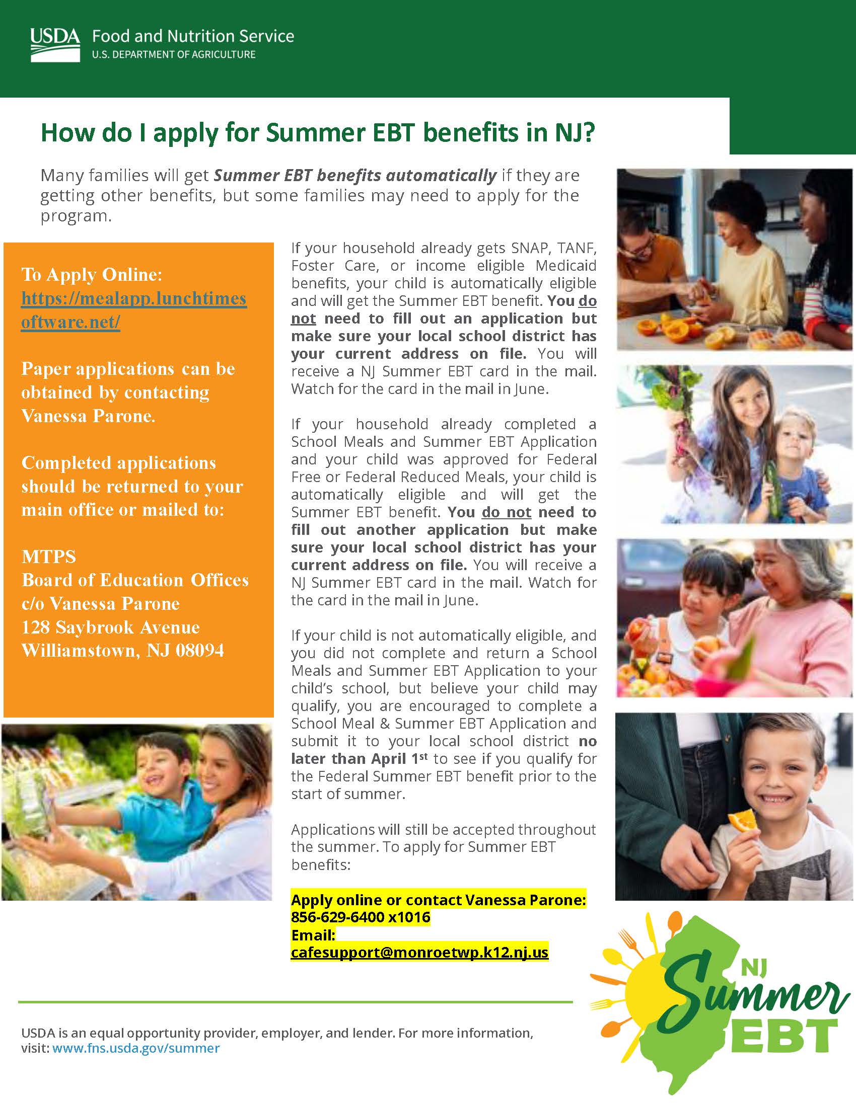 A flyer titled 'How do I apply for Summer EBT benefits in NJ?' with contact information and images of children.