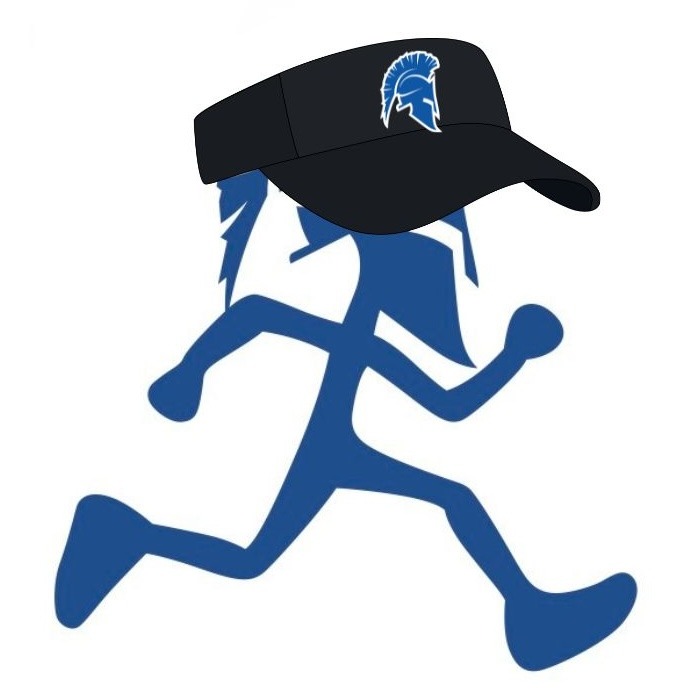 A blue stick figure runner wearing a black visor with a white and blue Spartan helmet logo.
