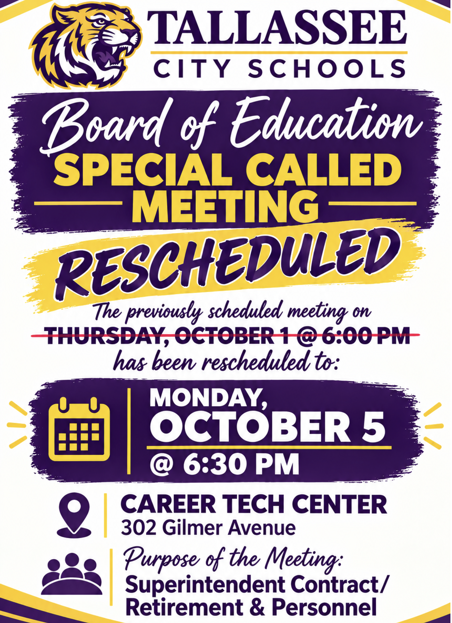 Special Called Meeting Rescheduled