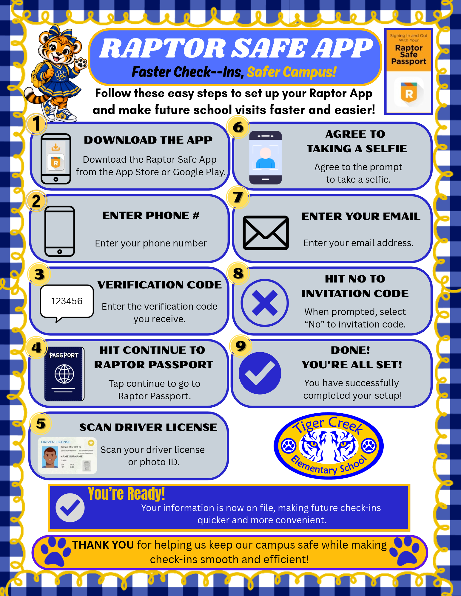 Raptor Safe App is available to make check-ins at schools county wide easier and faster.