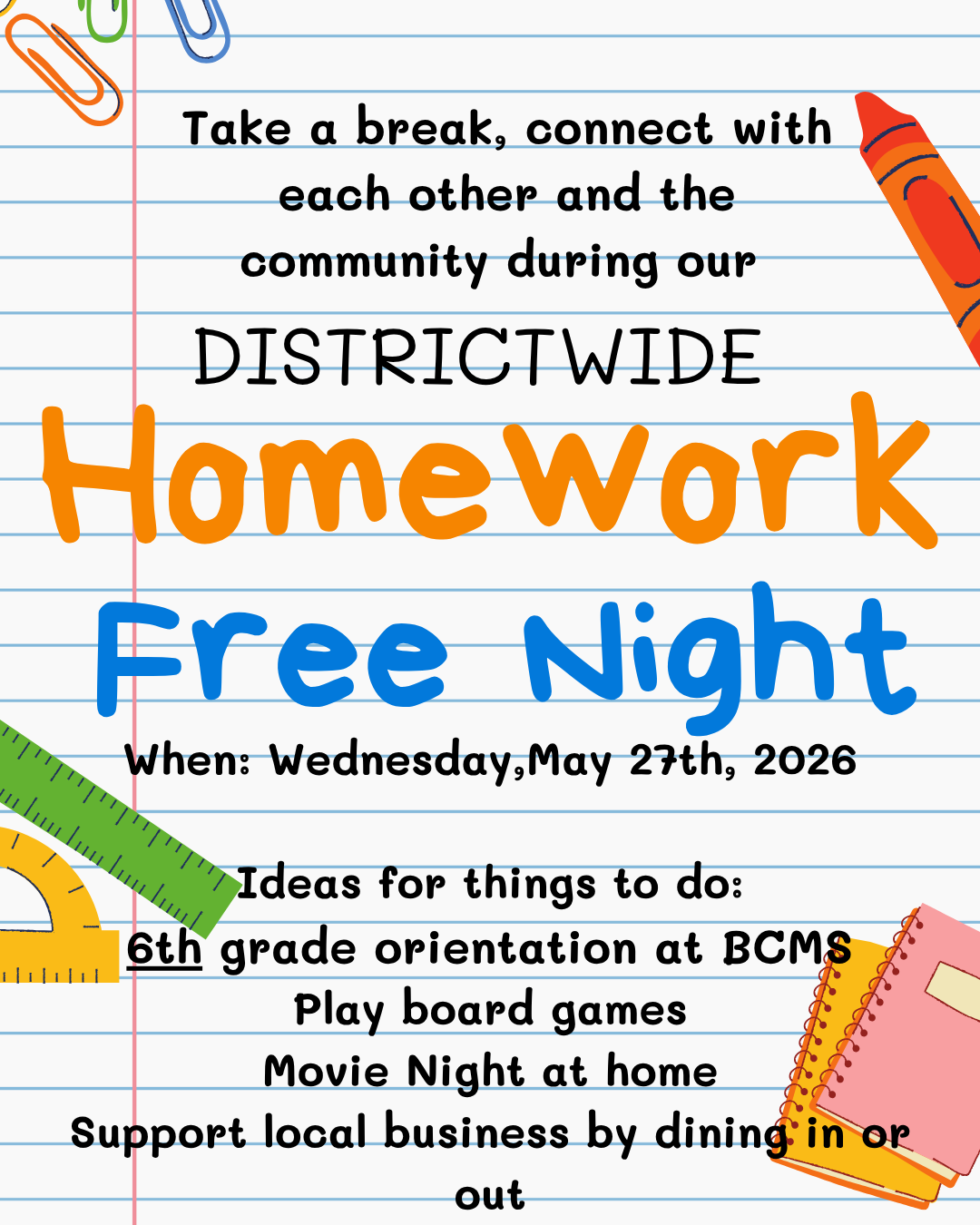 Poster announcing a Districtwide Homework Free Night on Wednesday, May 27th, 2026.