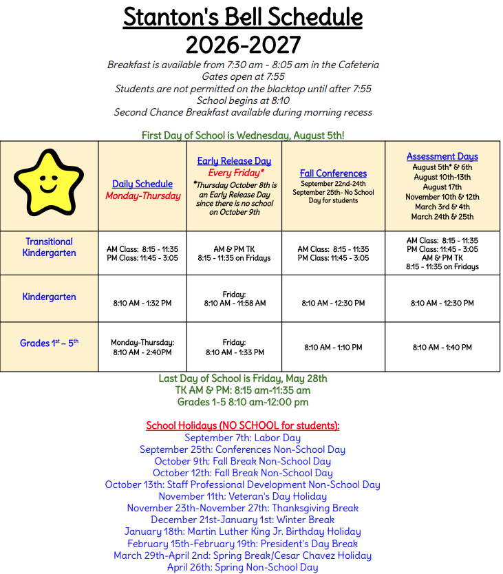 Teacher Wish Lists and Stanton's Bell Schedule for 26-27 School Year