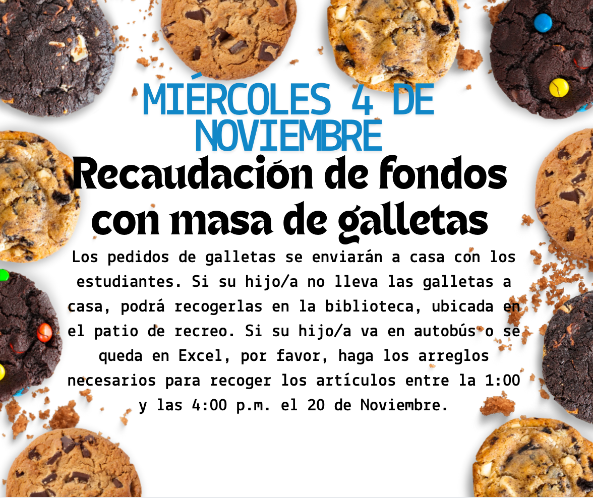 A promotional flyer for a cookie dough fundraiser featuring various chocolate chip cookies on a white background with Spanish text.