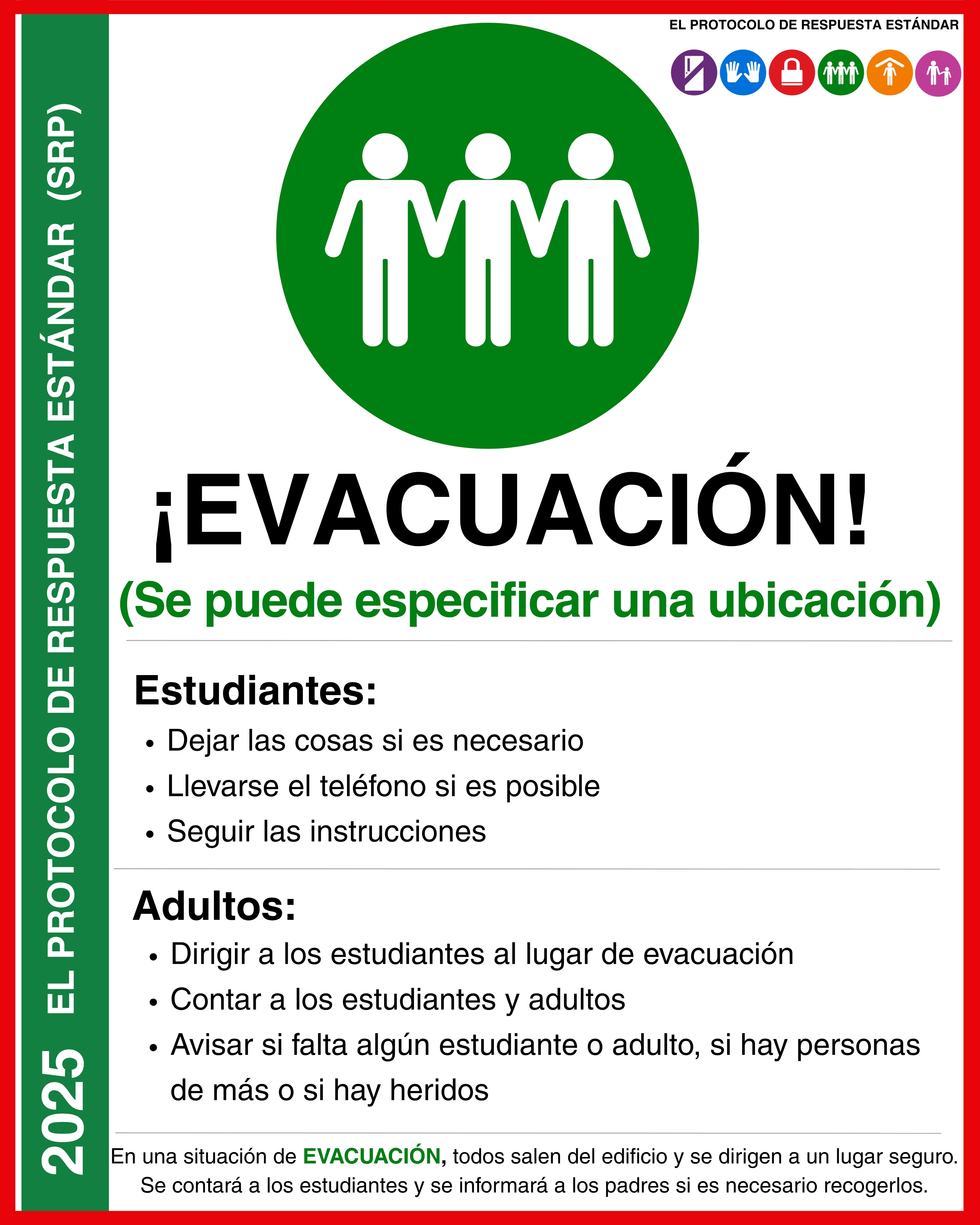 A Spanish safety poster detailing the 'EVACUACIÓN' protocol, with instructions for students and adults under a green circle containing three figures.