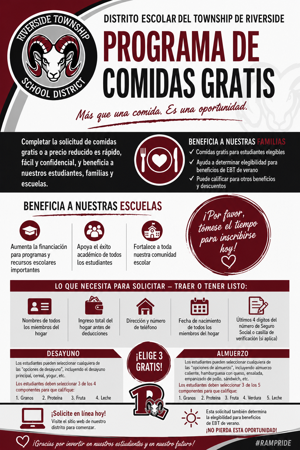 Poster for the Riverside Township School District's Free Meal Program, detailing benefits for families and schools.
